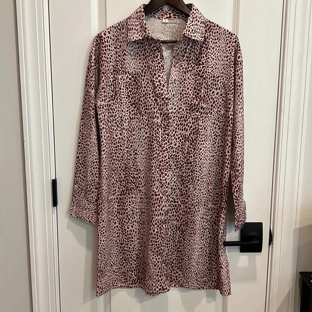 Cheetah Print Button Down Mini Shirt Dress Collared Long Sleeve Brown Small - Picture 4 of 8